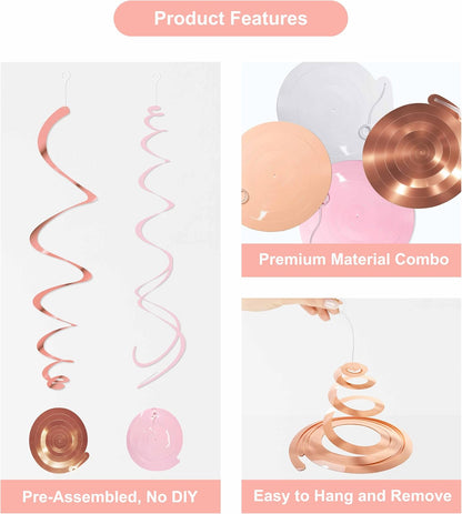 HonuGoGo Pink Hanging Swirl Decorations for Party – 42PCS Rose Gold Foil Ceiling Streamers with Hooks for Birthday, Bridal Shower, Bachelorette, Holiday Celebrations