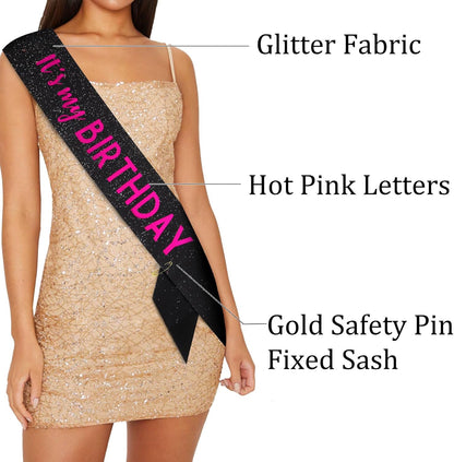 It's My Birthday Sash Black Glitter Sash with Hot Pink Foil Happy Birthday Decorations for Women Girls Men Boys Black Party Decorations