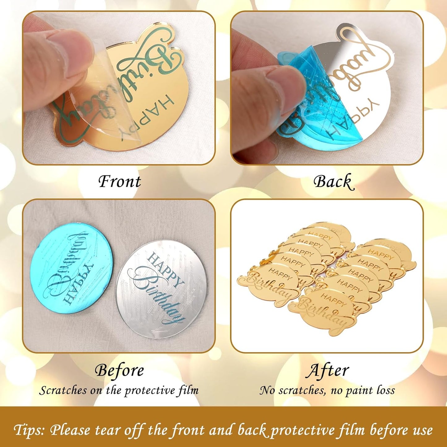 20pcs Gold Mirror Acrylic Happy Birthday Cupcake Toppers Round Engraved Cake Picks Happy Birthday Cake Toppers for DIY Birthday Gift Flower Bouquet Pastries Desserts Decor