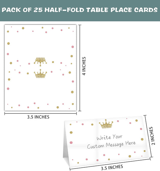 Table Place Card for Baby Shower, 25 Pcs Tent Cards Set with Pink & Gold Design, Editable Name Cards for Table Seating, Party Food Lables, Gold Crown Little Princess Baby Shower Decorations(05)