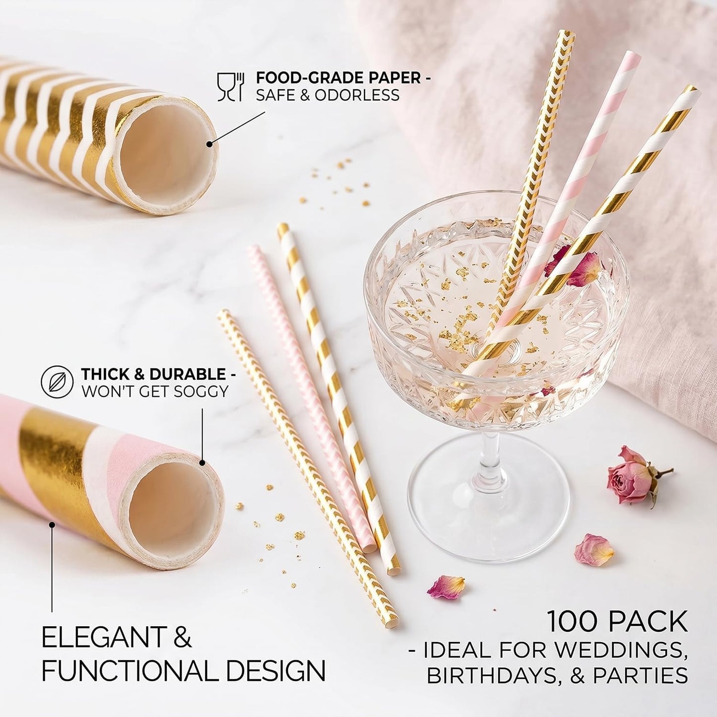 ALINK Biodegradable Paper Straws, 100 Pink and Gold Straws for Party Supplies, Birthday, Wedding, Bridal/Baby Shower, Christmas Decorations and Holiday Celebrations