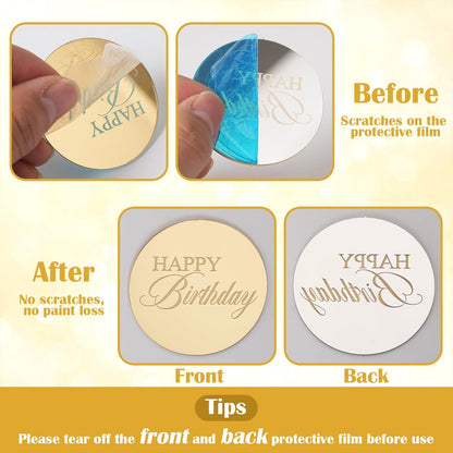 20pcs Gold Mirror Acrylic Happy Birthday Cupcake Toppers Round Engraved Cake Picks Happy Birthday Cake Toppers for DIY Birthday Gift Flower Bouquet Pastries Desserts Decor