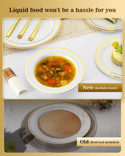 BESTVIP 350PCS Gold Plastic Dinnerware Set, Disposable Party Plates for 50 Guests, Include: 100 Plastic Plates, 50 Pre Rolled Napkins with Gold Silverware, 50 Cups