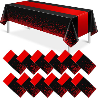 MASHAN 3Pcs Black and Red Tablecloth Party Decorations,Plastic Black Table Cloth Printed Red Table Runner Disposable Rectangle Cover for Birthday Weeding Anniversary Graduation Party,54 x108 Inch