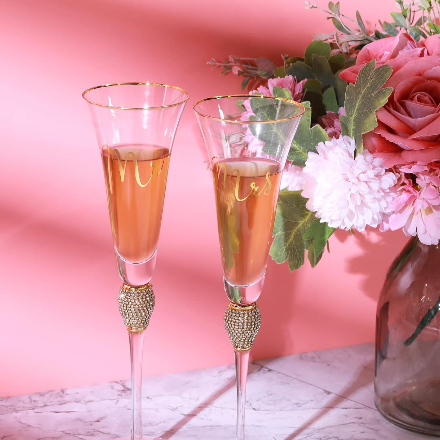 Boao 4 Piece Mr and Mrs Champagne Flutes and Cake Knife Server Set Crystal Wedding Toasting Flutes Rhinestone Cake Cutting Set for Bride and Groom Wedding Engagement Bridal Shower Gifts(Silver)