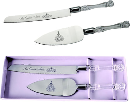 Lassos Boutique Mis Quince Años Quinceanera Cake Serving and Knife Set, Sweet 15 Birthday Cake Cutting Set, Feliz 15 Anos Decoration, Acrylic Handle, Stainless Steel (Gold)