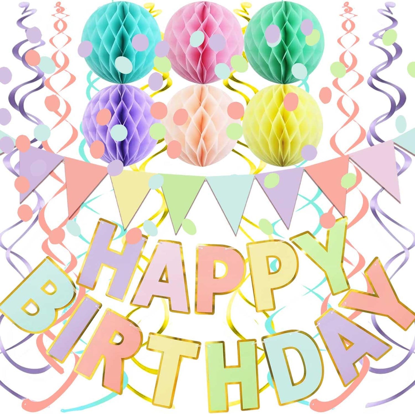 Fecedy Happy Birthday Banner With Colorful Paper Flag Bunting Paper Circle Confetti Garland Swirl Streamers Honeycomb ball for Birthday Party Decorations
