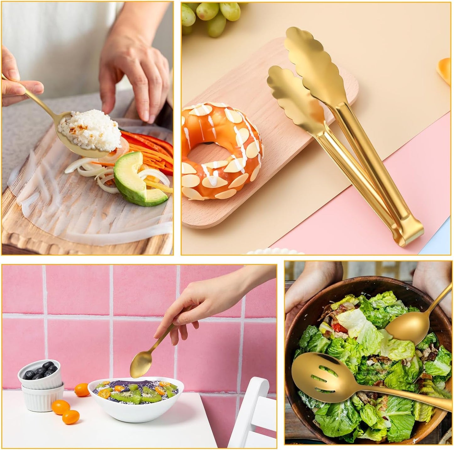 12 PCS Gold Stainless Steel Serving Utensils Sets - Large Serving Spoons,Slotted Spoons,Serving Tongs,Appetizer Tongs,Utensils Sets for Buffet Catering Banquet Party (Gold)