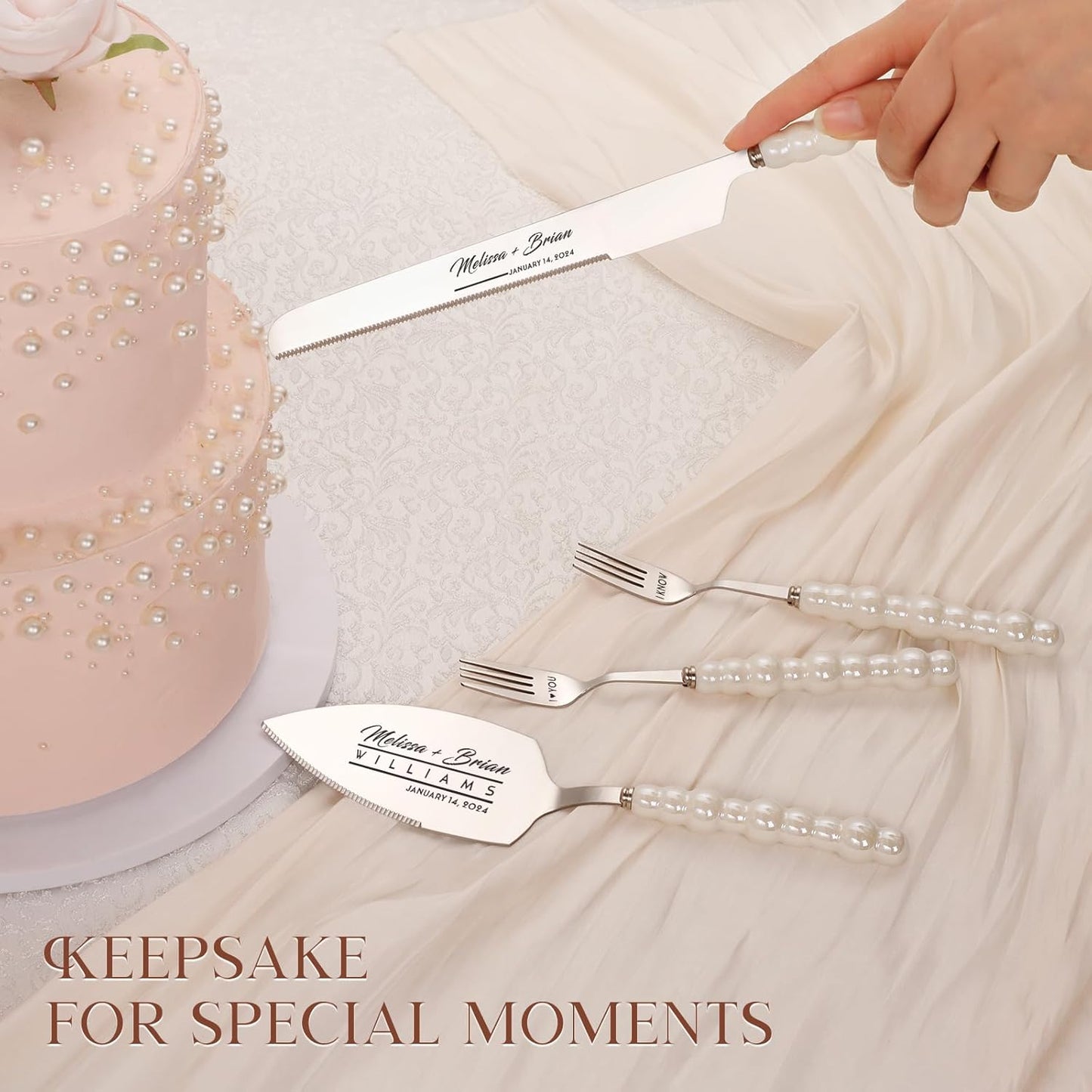 Pearl Wedding Cake Knife and Server Set with Forks, Cake Cutting Set with Stainless Steel Serrated Edges, Silver Pie Cutter Pizza Spatula, Gift for Bridal Couples Engagement (Mr & Mrs)