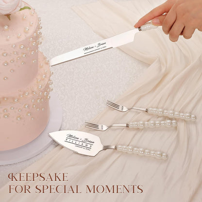 Pearl Wedding Cake Knife and Server Set with Forks, Cake Cutting Set with Stainless Steel Serrated Edges, Silver Pie Cutter Pizza Spatula, Gift for Bridal Couples Engagement (Mr & Mrs)