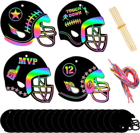 24Pcs Football Scratch Paper Craft Kits, Rainbow Scratch Paper Art, Football Helmet Scratch Off Cards for Sports Themed Birthday Party DIY Crafts Supplies