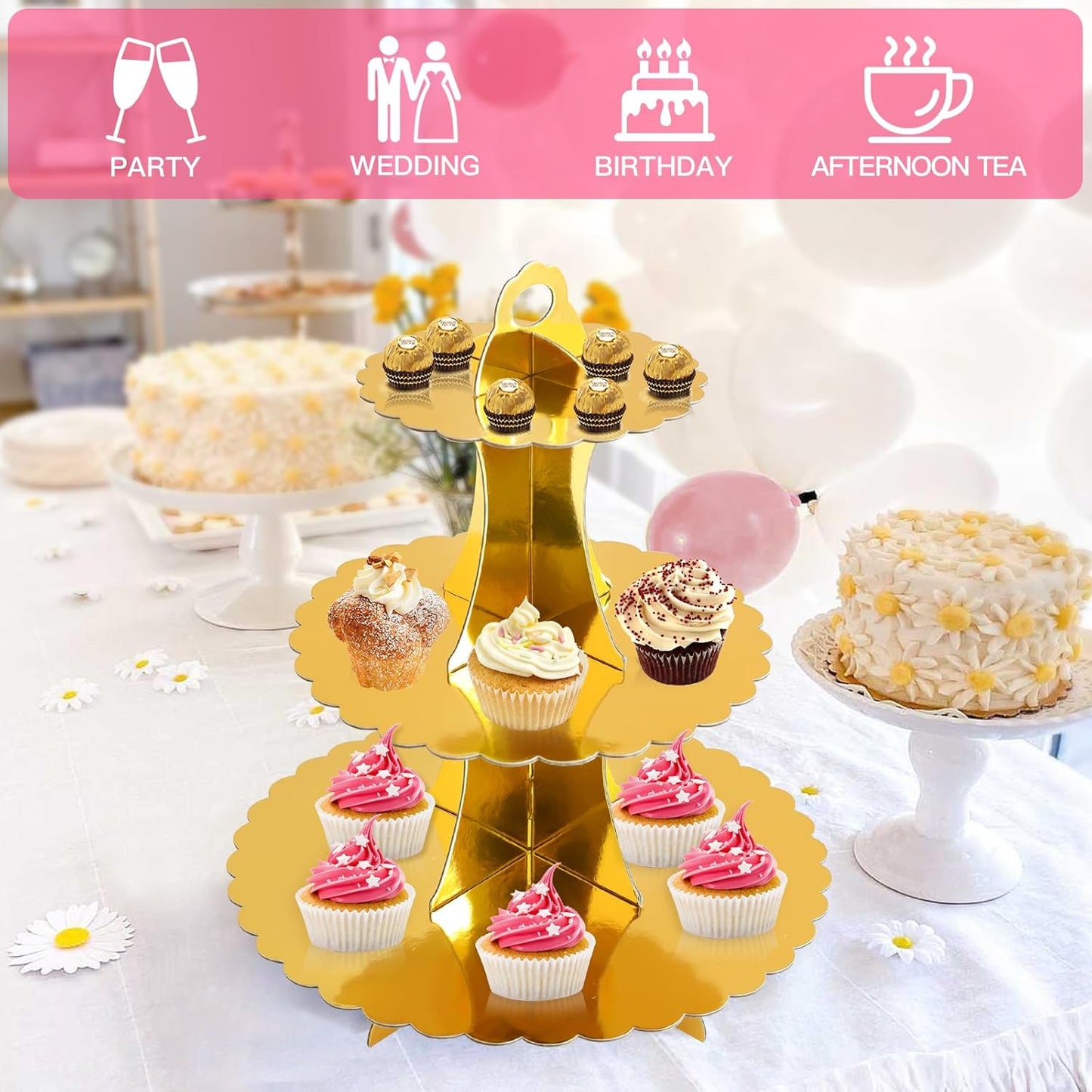 Soleebee 3-Tier Cupcake Stand, Cardboard Cupcake Tower, Dessert Cup Cake Stand Tower for Birthday Wedding Party Decoration, Cupcake Tier Stand 1 Set (Black)