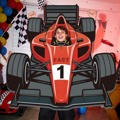 WADORN Race Car Photo Prop Selfie Frame Banner, 5x5.2 Ft Large Racing Theme Party Decorations Backdrop Red Fast 1 Car Photography Background Hanging Supplies for Men Home Racing Birthday Party
