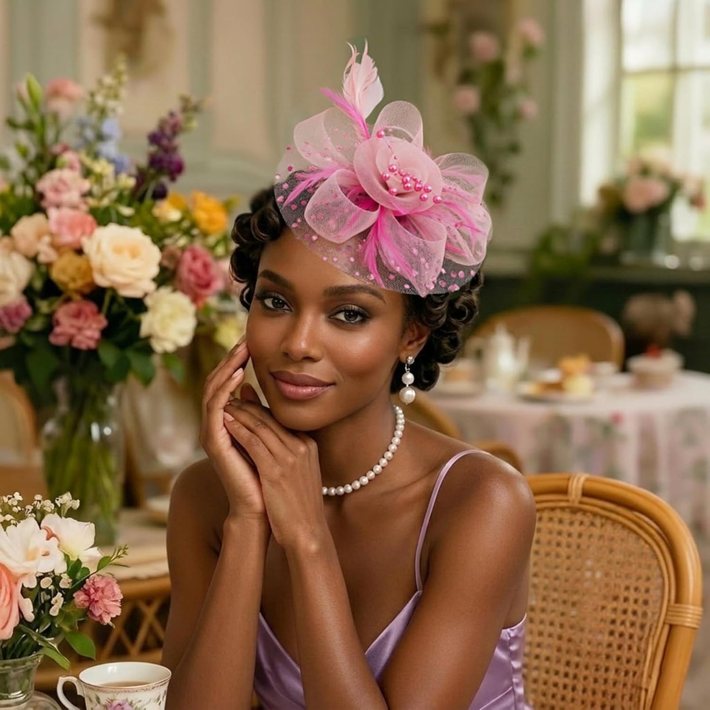 DRESHOW Fascinators Hat Flower Mesh Ribbons Feathers on a Headband and a Clip Tea Party Headwear for Girls and Women - Colors B