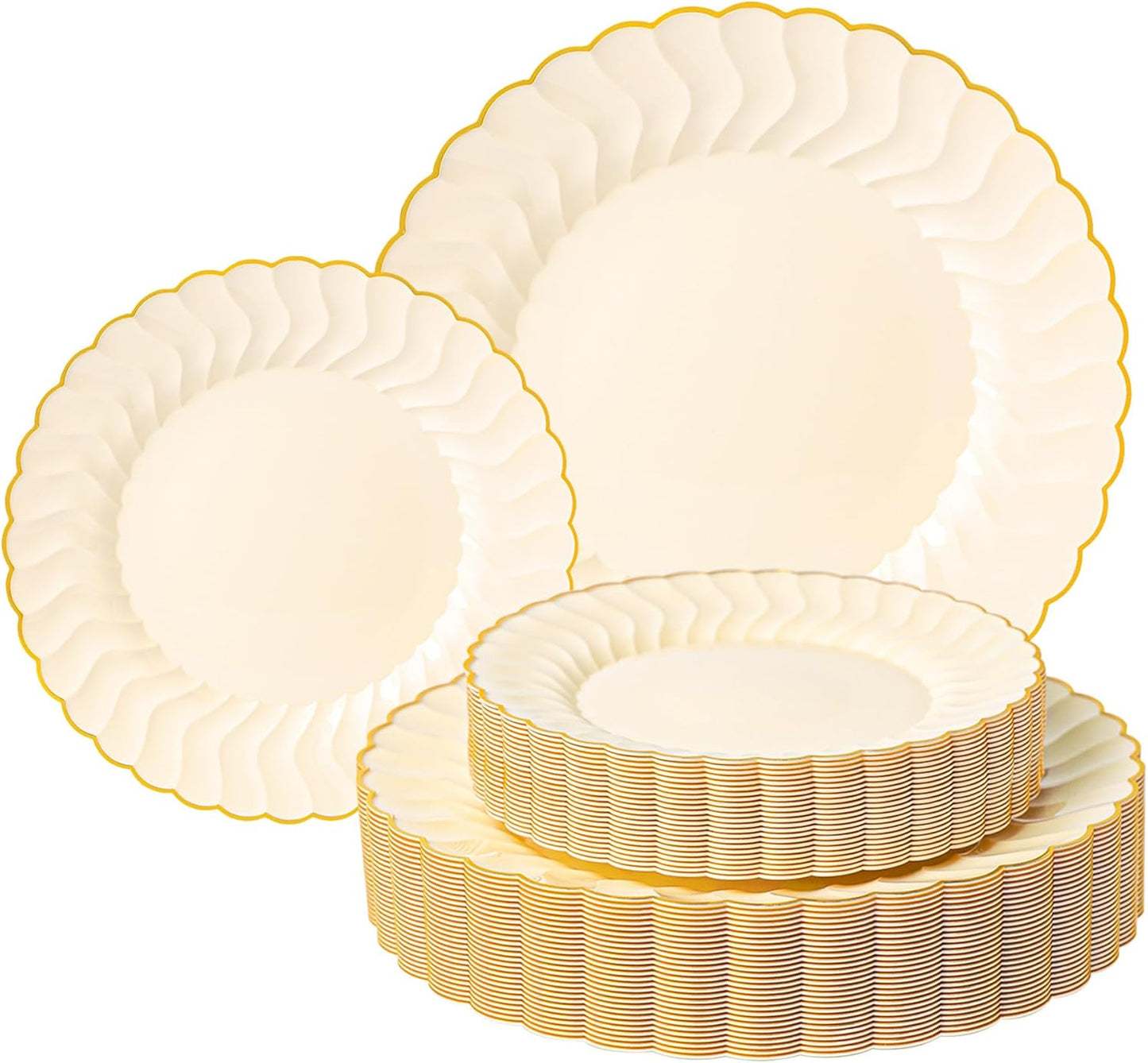 Lullaby 60PCS Ivory Scalloped Plastic Plates with Gold Rim, Disposable Elegant Plates Include 30pcs Dinner Plate 10.25", 30pcs Plastic Dessert Plate 7.5", Perfect for Wedding and Party