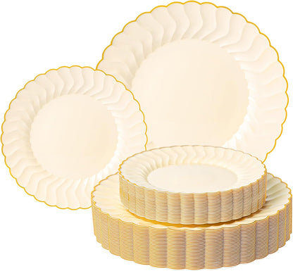 Lullaby 60PCS Ivory Scalloped Plastic Plates with Gold Rim, Disposable Elegant Plates Include 30pcs Dinner Plate 10.25", 30pcs Plastic Dessert Plate 7.5", Perfect for Wedding and Party