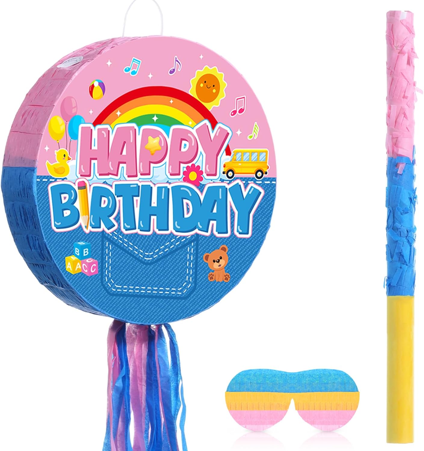Jexine Birthday Block Piñata Set Birthday Building Piñata with Blindfold, Bat, Stick Blocks Party Supplies for Carnival Fiesta Party Supplies Event Decoration