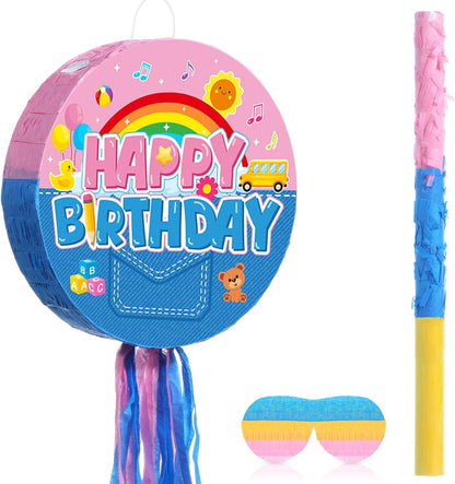 Jexine Birthday Block Piñata Set Birthday Building Piñata with Blindfold, Bat, Stick Blocks Party Supplies for Carnival Fiesta Party Supplies Event Decoration