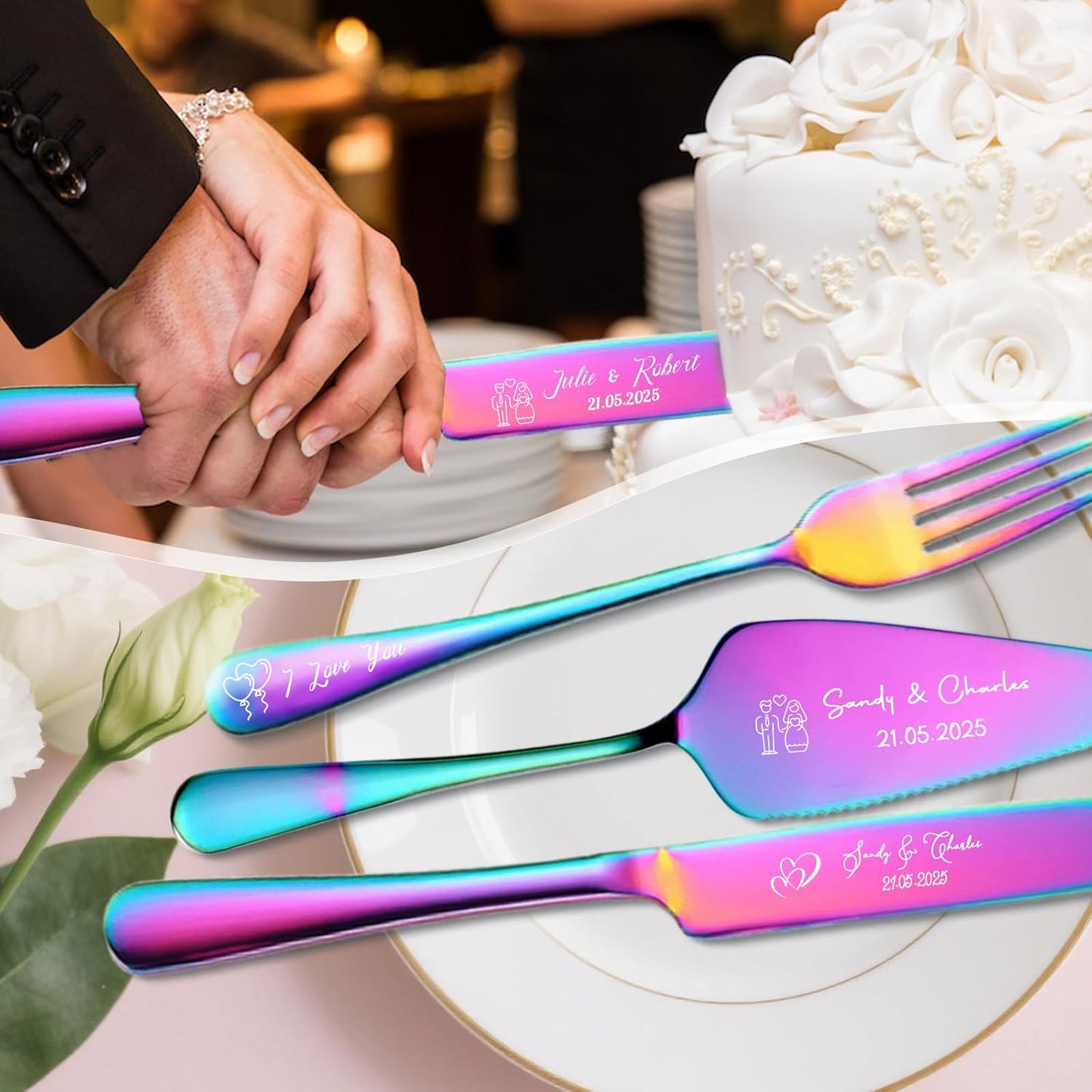 Personalized Cake Cutter Custom Wedding Cake Knife and Server Set Stainless Steel Cake Cutting Set Customize Gifts for Wedding Birthday (Black)