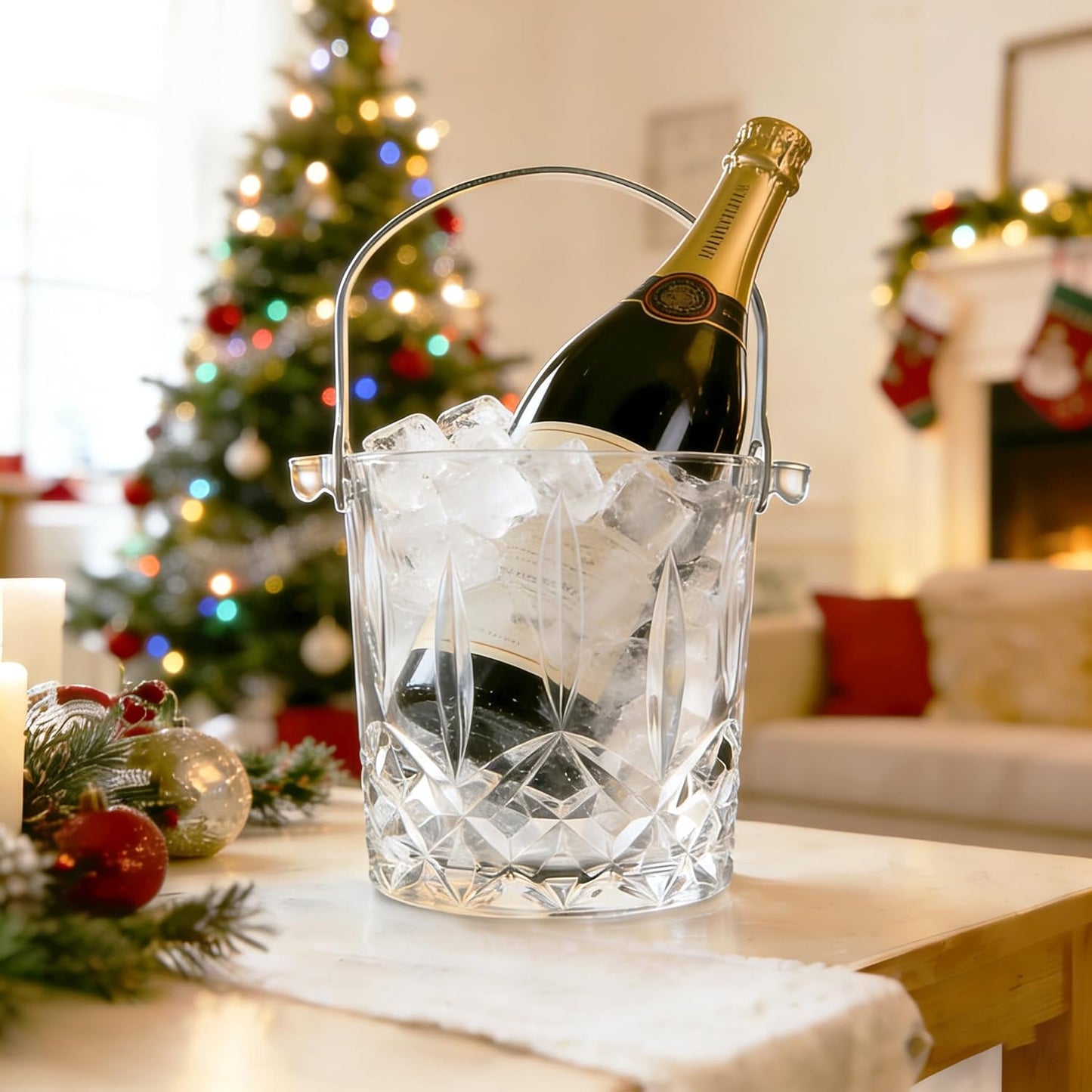 Glass Ice Bucket with Handle and Ice Tong Holds 37oz of Ice Clear Crystal Ice Buckets for Cocktail Bar Wine Home Bar Accessories Parties Clear Champagne Bucket