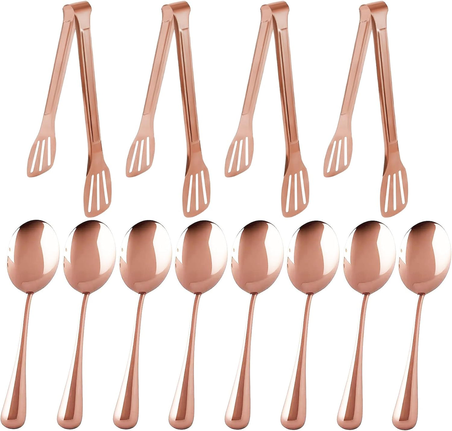 12PCS Stainless Steel Serving Utensils Sets,8 Large Serving Spoons,4 Serving Tongs,Gold Serving Utensills Sets for Buffet Catering Banquet Party (Gold)