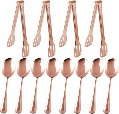 12PCS Stainless Steel Serving Utensils Sets,8 Large Serving Spoons,4 Serving Tongs,Gold Serving Utensills Sets for Buffet Catering Banquet Party (Gold)
