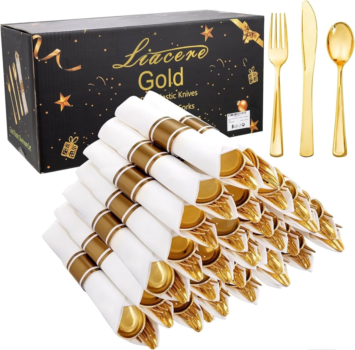 Liacere 100 Pack Silver Plastic Silverware-Pre Wrapped cutlery and Napkin-Pre Rolled Silverware Disposable 100 Forks, 100 Knives 100 Spoons, 100 Napkins Plastic Utensils＆Wedding