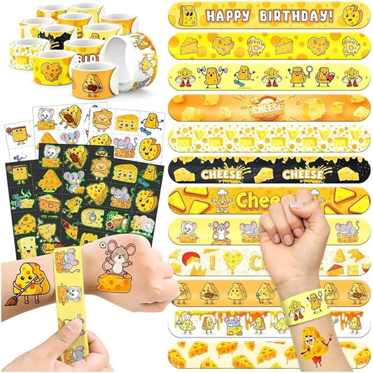 96 PCS Cheese Party Favors Set – 72 Pre-Cut Temporary Tattoos & 24 Slap Bracelets for Kids, Perfect for Cheese-Themed Birthdays, Classroom Rewards & Party Decorations