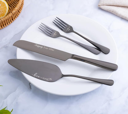 Wedding Cake Knife and Server Set with Forks, Engraved Cake Cutting Set for Wedding Anniversary Christmas Engagement（Gold