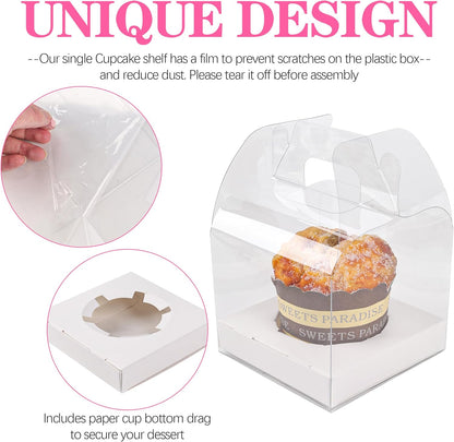 12 PCS Individual Cupcake Containers Single Cupcake Boxes with Handle and Inserts Clear Plastic Favor Boxes