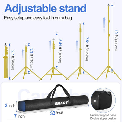 EMART Backdrop Stand 10x7ft(WxH) Photo Studio Adjustable Background Stand Support kit with 2 Crossbars, 8 Clamps, 2 Sandbags and Carry Bag for Parties, Events Decoration, Wedding, Photography -White