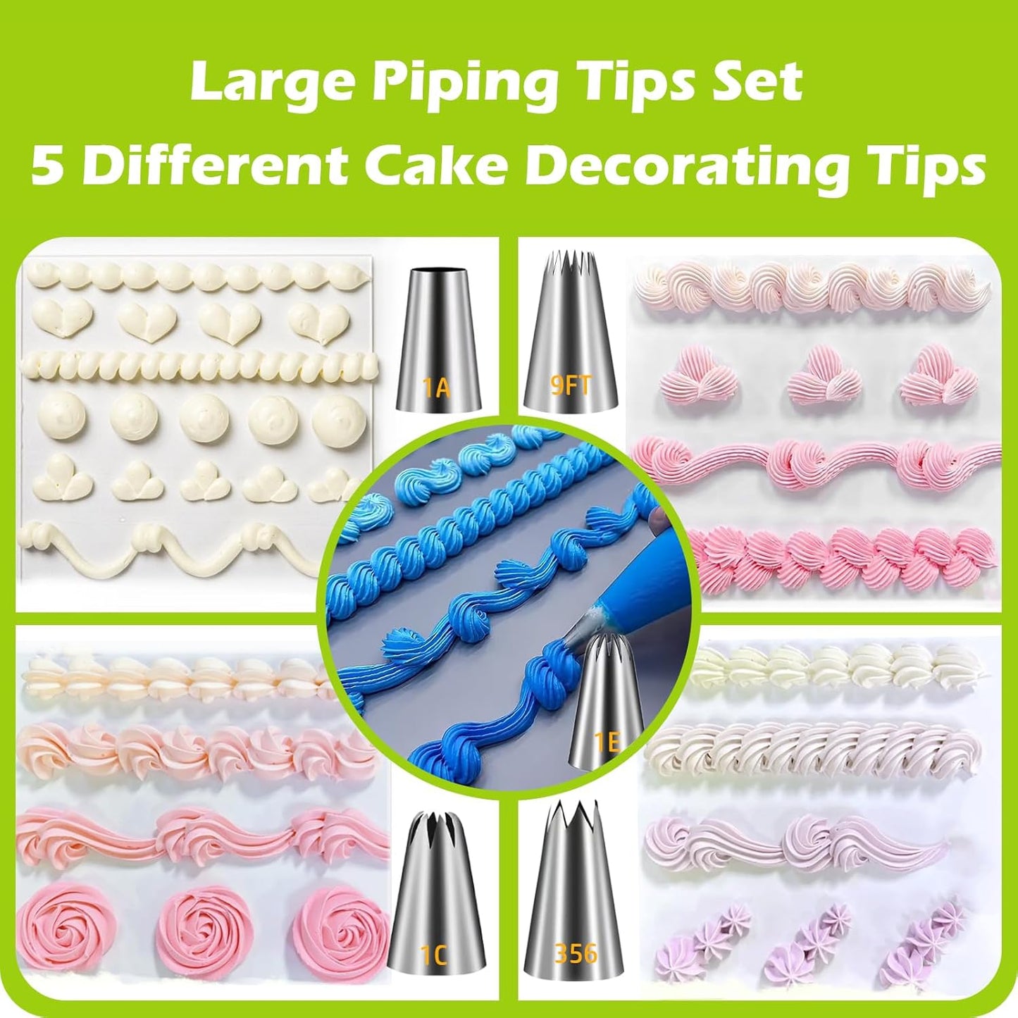 Suuker Large Piping Tips Set, Seamless Stainless Steel Cake Decorating Tips, 5 Pieces Frosting Icing Tips for Cake Decorating, Cupcakes, Cookie (1A 1E 1C 9FT 356)