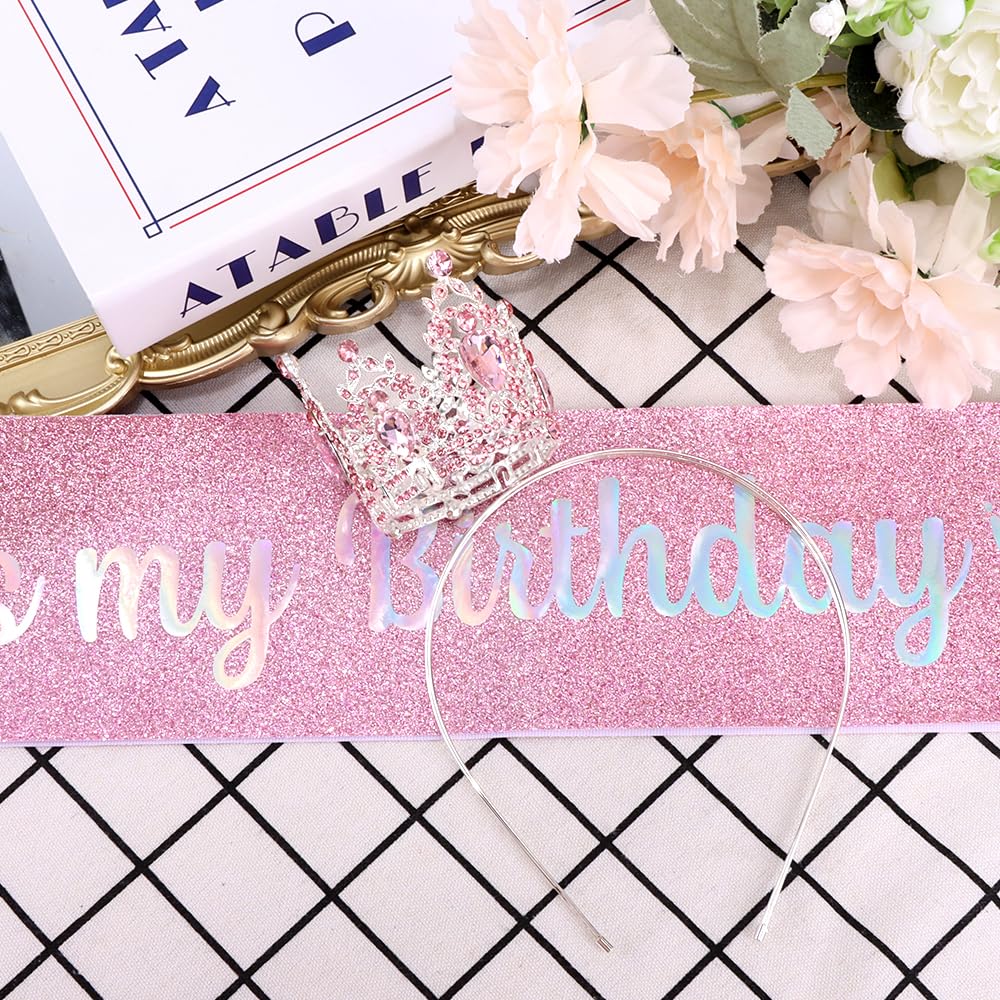 AOPRIE Birthday Crown for Women with Sash Gold White Happy Birthday Tiara for Women Girl Headband Princess Crown Rhinestone Accessories