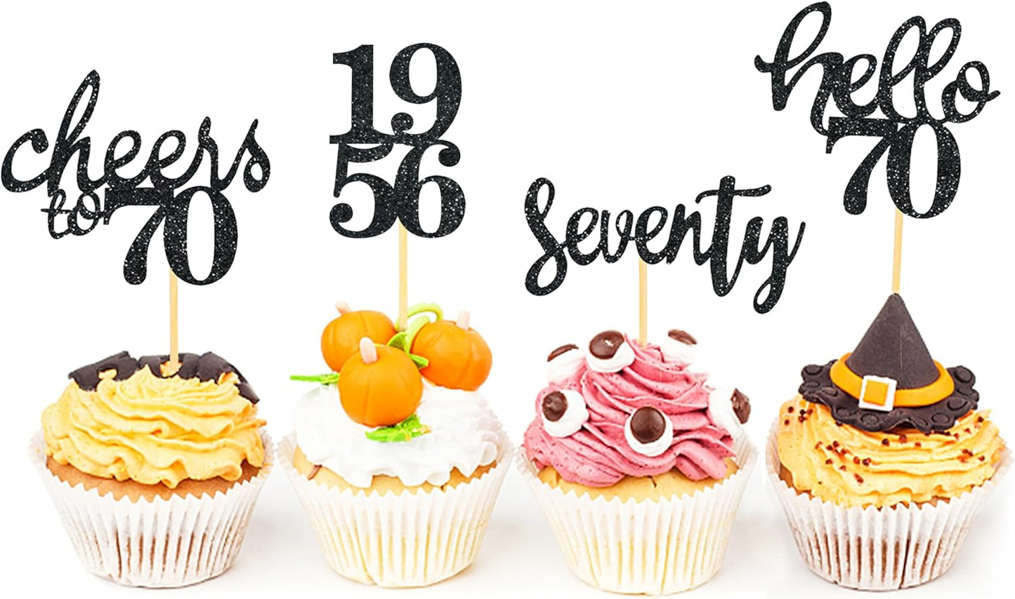 24 Pcs Glitter 70th Birthday Cupcake Toppers for Celebrating 70th Birthday Party Decorations for Seventy Years Old Birthday Party Supplies (Rose Gold2)
