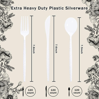 Supernal 360pcs Silver Plastic Cutlery,Elegant Plastic Silverware,Silver Hammed Silverware,Disposable Flatware,Include 120 Forks,120 Knvies,120 Spoons,Perfect for Birthday,Party,Wedding