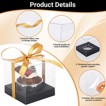 EUSOAR Individual Cupcake Holder, 50pcs 3.5 Inch Plastic Black Cupcake Containers with Lids, Single Transparent Display Clear Cupcake Carrier with Ribbon and Inserts for Wedding Party Favor