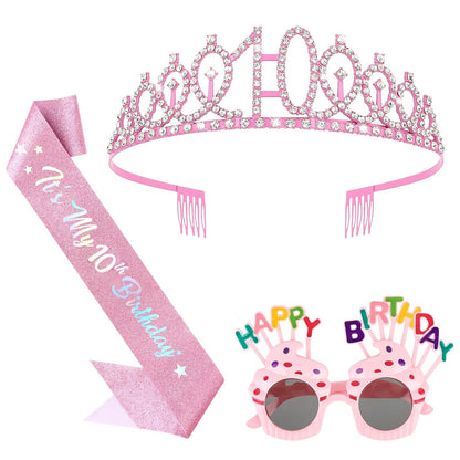 YARIEW 3rd Birthday Decorations, 3rd Glitter Purple Sash and Crown Kit with Happy Birthday Sunglasses, Tiara Princess Crown and Sash Party Outfit Accessory