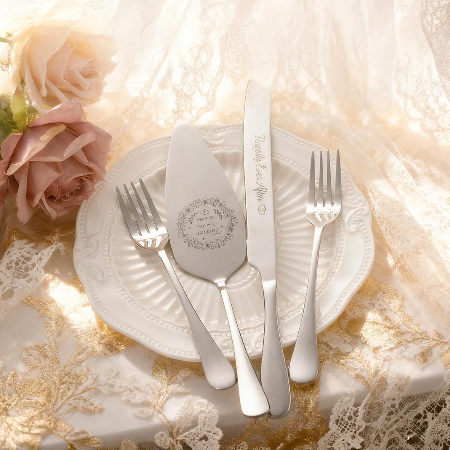 4 Piece Wedding Cake Cutting Set, Knife and Server with Forks, Elegant Wedding Cake Knife and Server Set for Bride and Groom(Gold)
