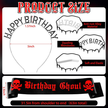 Zeyune 2 Pcs Goth Birthday Decorations Black Gothic Birthday Ghoul Sash with Headband for Girl Women Gothic Spooky Gifts Emo Horror Vampire Party Decorations(Silver,Skull)