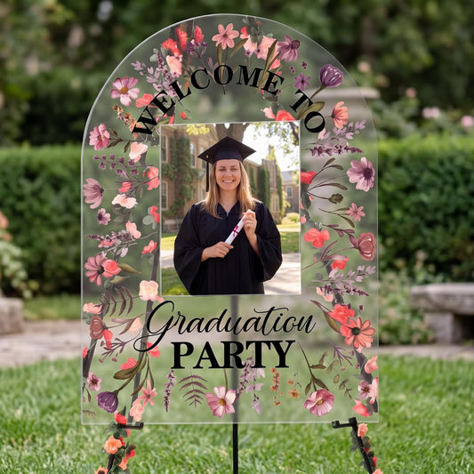 Yousoontic 3 Pcs Graduation Party Welcome Sign with Photo Set 18x24" Acrylic Wildflower 2026 Yard Sign with Easel Stand 24.6ft Flower Garland Grad Senior High School College Decor for Graduation Party