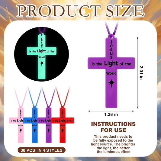 Tondiamo 30 Set Glow in The Dark Cross Necklace Bulk Jesus Light up Cross Necklace Silicone VBS Religious Christian Gift Bulk Birthday Party Favors for Church Item
