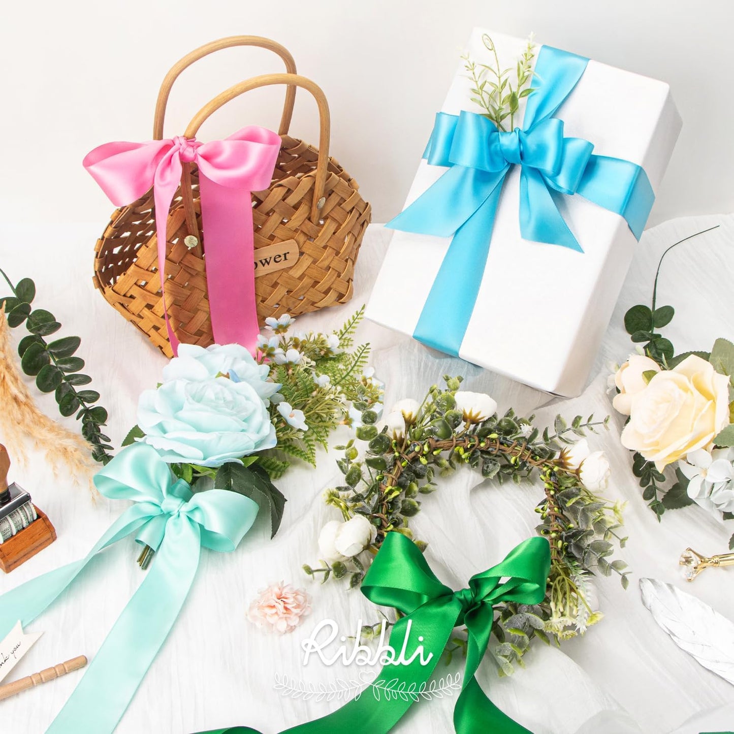 Ribbli Double Faced White Satin Ribbon,3/8” x Continuous 25 Yards,Fabric Ribbon use for Bows Bouquet,Gift Wrapping,Floral Arrangement