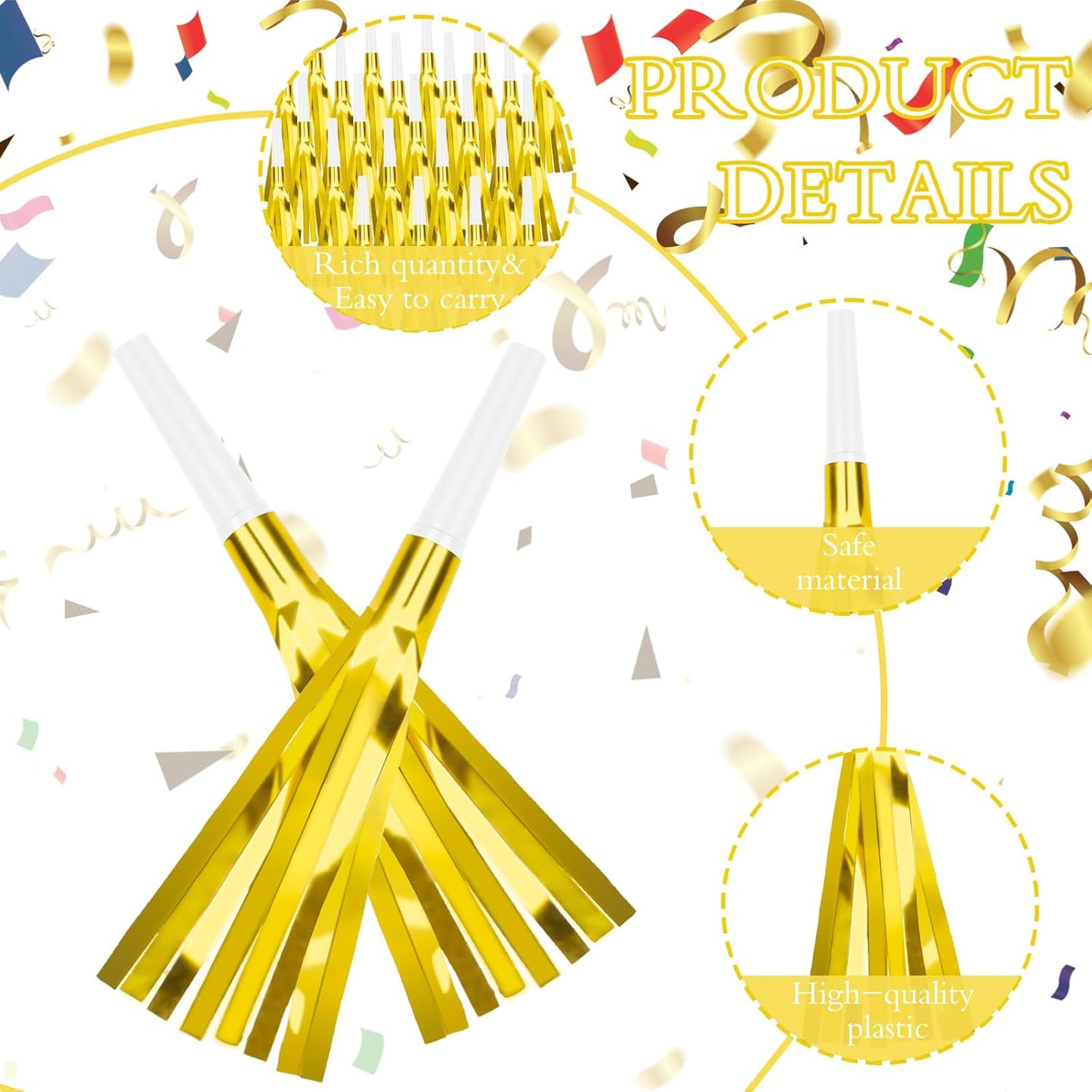 Denylo pro 24 Pcs Glitter Noise Makers Gold Noise Makers Metallic Fringed Party Blowers Adults Party Horns for Sporting Events Christmas New Year Festival Favor Supplies