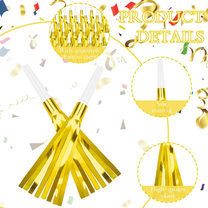 Denylo pro 24 Pcs Glitter Noise Makers Gold Noise Makers Metallic Fringed Party Blowers Adults Party Horns for Sporting Events Christmas New Year Festival Favor Supplies