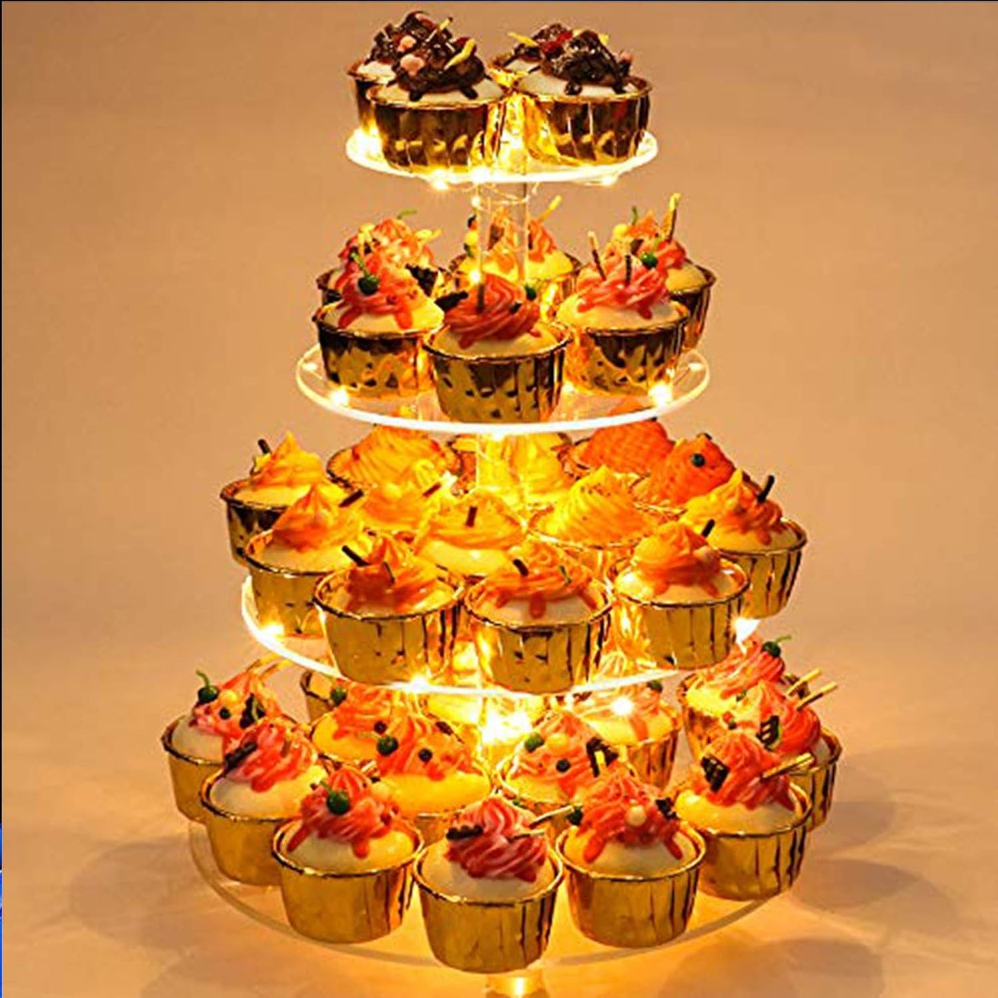 YestBuy Cupcake Stand with Yellow Led Lights, 4 Tier Cupcake Stand for 50 Cupcakes, Acrylic Cupcake Tower Stand, Clear Tiered Cupcake Holder for Birthday Cady Bar Décor Weddings, Parties Events