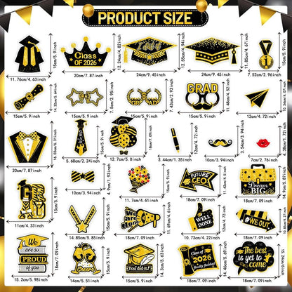 31 Pcs Graduation Photo Booth Props with Paper Big Frame 2026 Grad Party Supplies Gold Black Selfie Photo Props Funny Selfie Photos Frame Graduation Party Photography Decoration