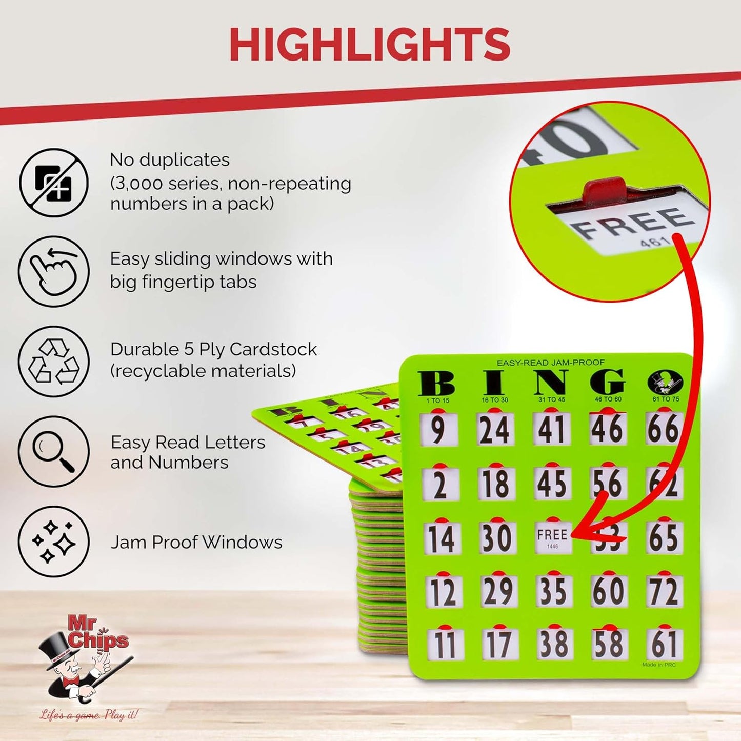 MR CHIPS Jam-Proof Bingo Cards with Sliding Windows, 25 Reusable Shutter Cards, 75 Calling Cards 1 Master Board in Tan Woodgrain Style
