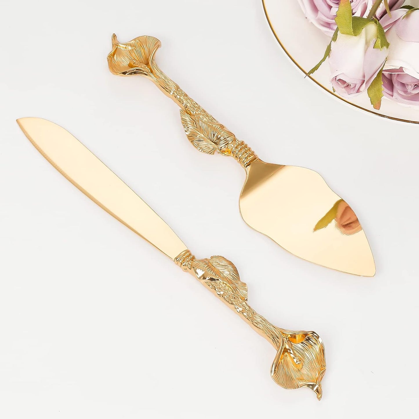 Cake Cutting Set for Wedding, Personalized Gold Cake Knife and Server Set, Custom Cake Serving Set, Engraved Pastry Pie Server Cake Pizza Cutter, Birthday Bridal Gift (F-Classic)