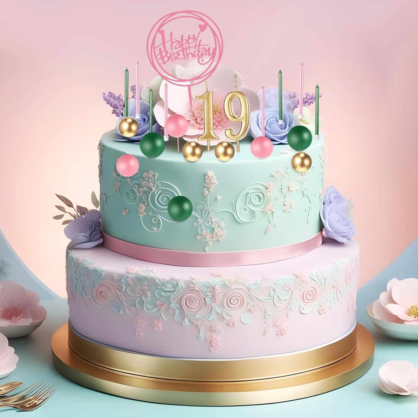 Yerliker 34 Pcs Happy Birthday Cake Toppers Decorations Birthday Candles DIY Cake Decor for Men Women Wedding Anniversary(Gold)