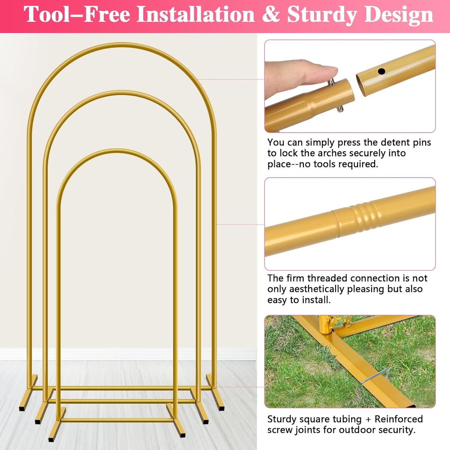 Metal Arch Backdrop Stand, Set of 3 (4ft / 5ft / 6ft) Gold Arch Backdrop with 12 Ground Nails, Stable Arched Background Stand for Wedding, Baby Shower, Birthday Party, Photography